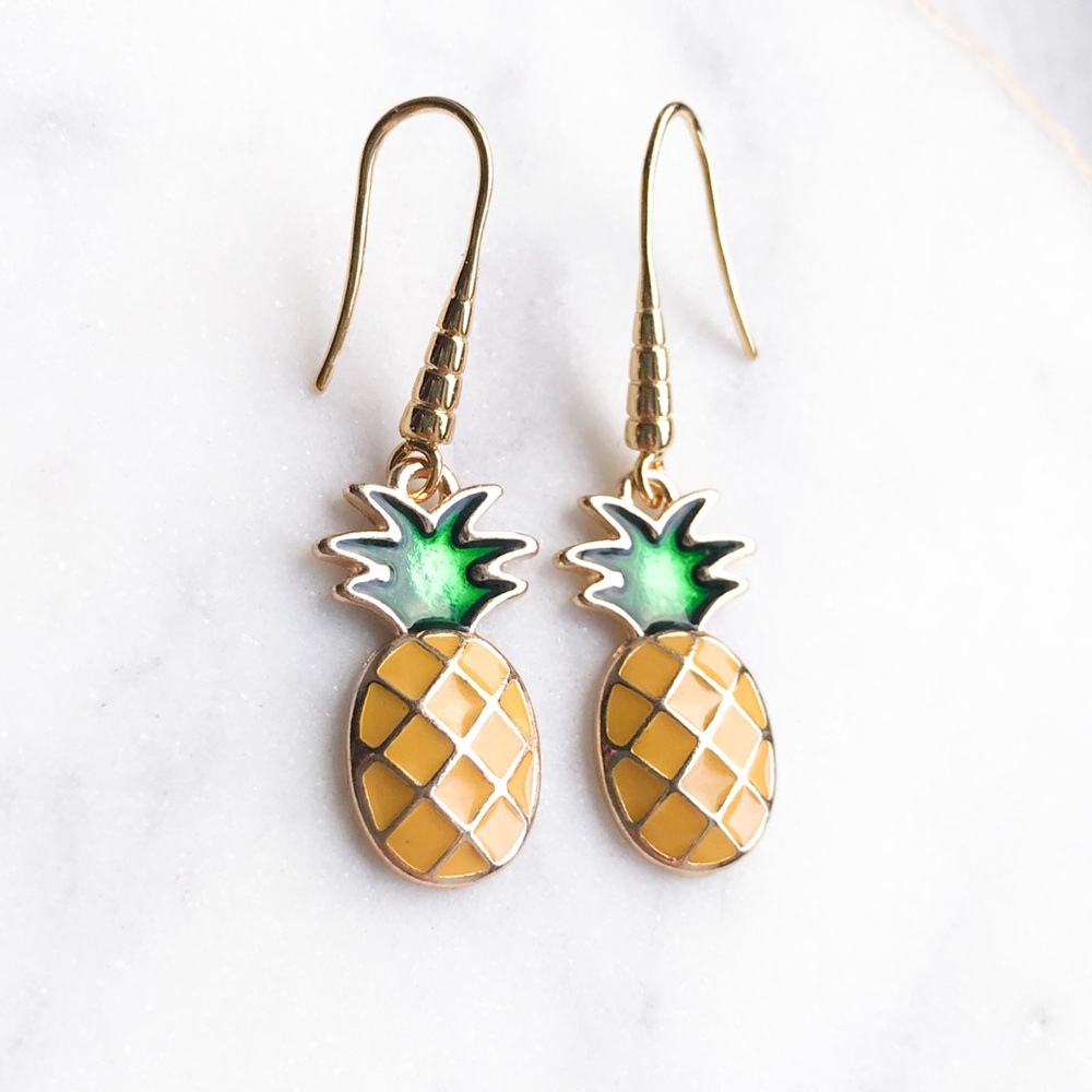 Pineapple Enamel Earrings Dangle Drop Gold Green - Picture 2 of 7